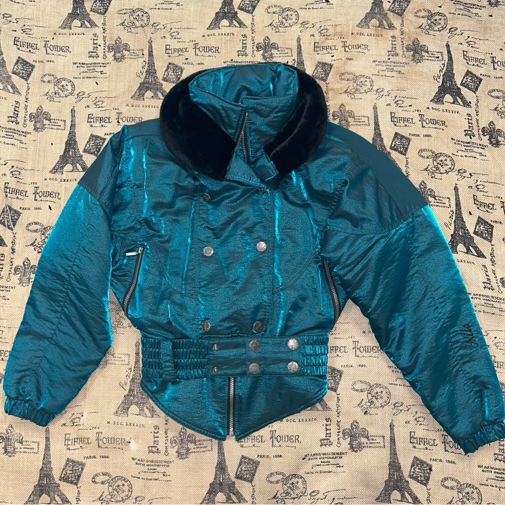 NILS Womens Vintage Teal Belted Skiwear Fur Collar Jacket Size 6